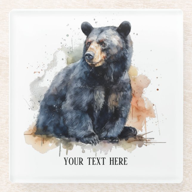 Watercolor Black Bear Woodland Art, custom Glass Coaster (Front)