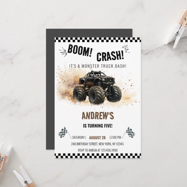 Watercolor Black Boom Crash Monster Truck Bash Invitation (Front/Back In Situ)