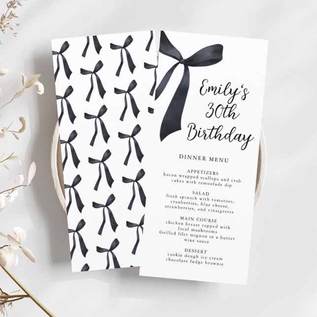 Watercolor Black Bow Birthday Dinner  Menu (Creator Uploaded)