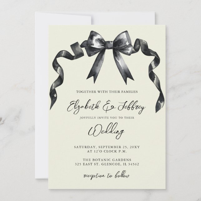 Watercolor Black Bow Coquette Modern Chic Wedding Invitation (Front)