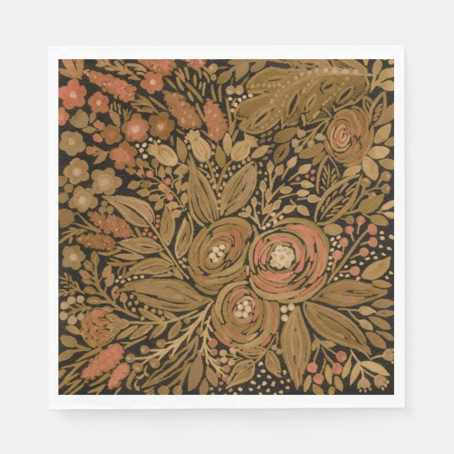 watercolor black brown floral pattern black, brown napkins (Front)