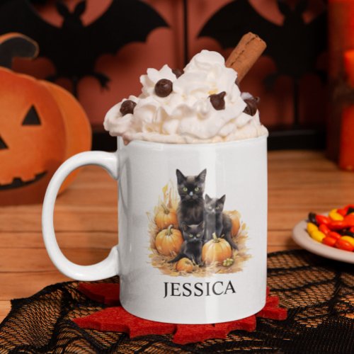Watercolor Black Cat and Kittens Pumpkin Coffee Mug