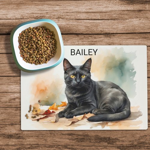 Watercolor Black Cat Custom Cat Food Mat