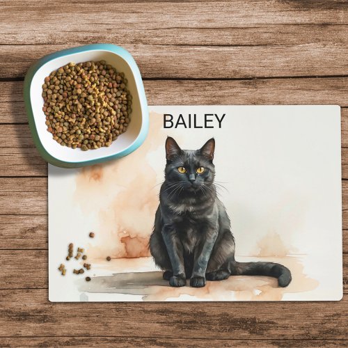 Watercolor Black Cat Custom Cat Food Mat