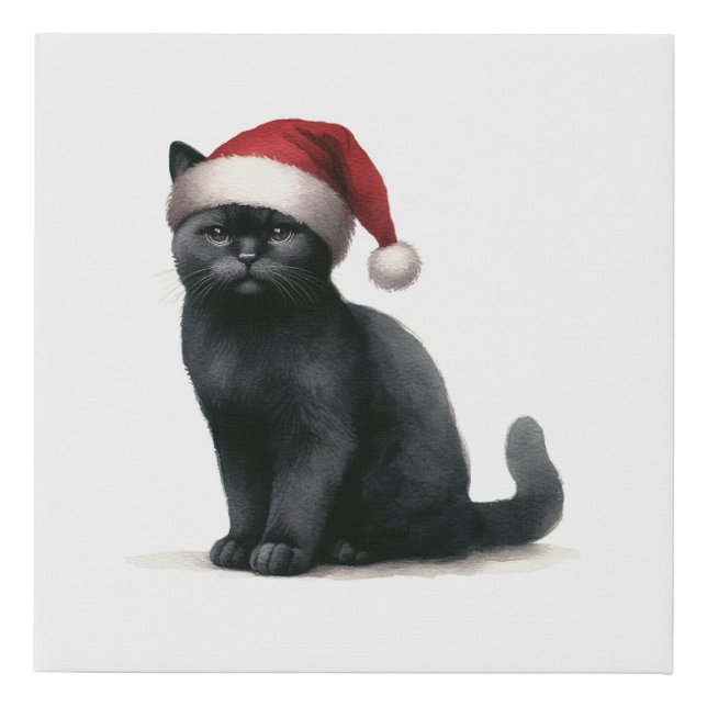 Watercolor Black Cat in Festive Santa Hat Canvas (Front)