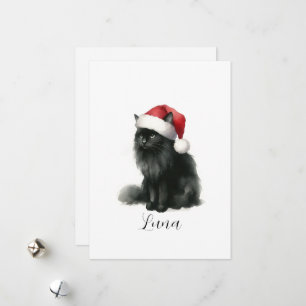 Watercolor Black Cat in Festive Santa Hat Card