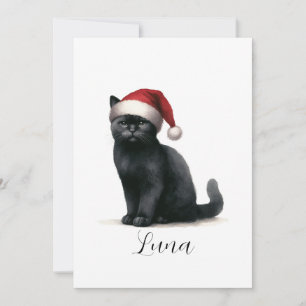 Watercolor Black Cat in Festive Santa Hat Card