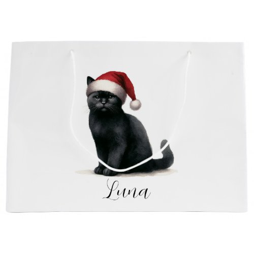 Watercolor Black Cat in Festive Santa Hat Gift Bag