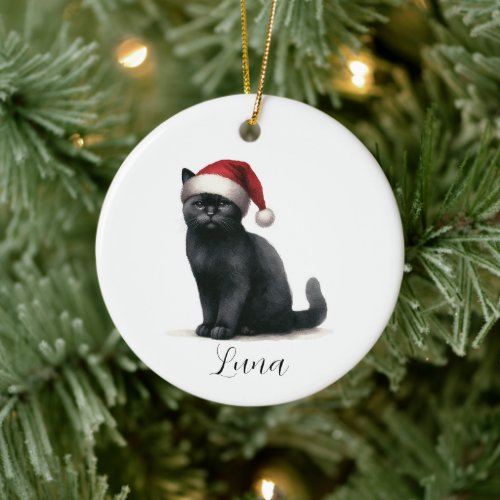 Watercolor Black Cat in Festive Santa Hat Ornament