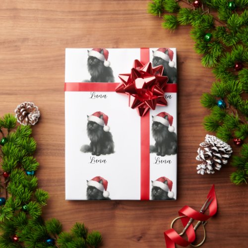 Watercolor Black Cat in Festive Santa Hat Wrapping Wrapping Paper