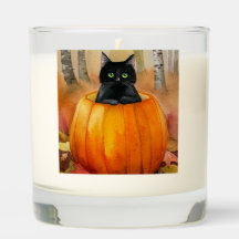 Watercolor Black Cat in Pumpkin Autumn Forest Hall