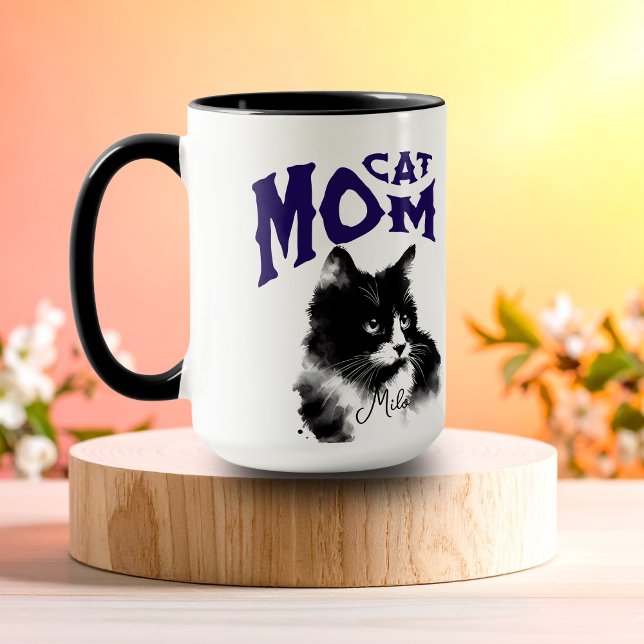 Watercolor Black CAT MOM Personalize Mug (Watercolor cat with SCRIPT Writing to add your personal cats name.)