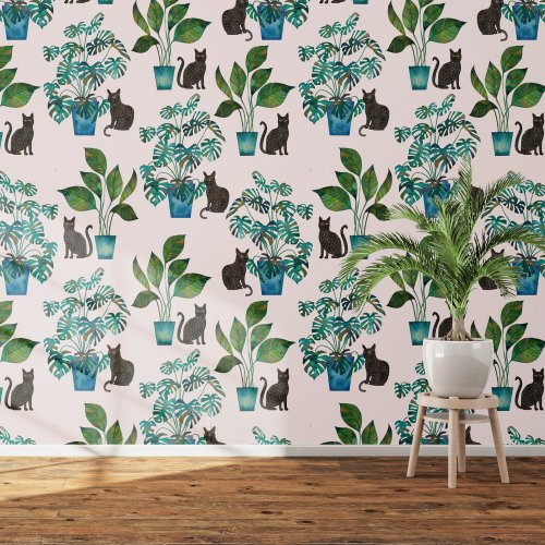 Watercolor Black Cat Monstera Houseplant Pink Wallpaper