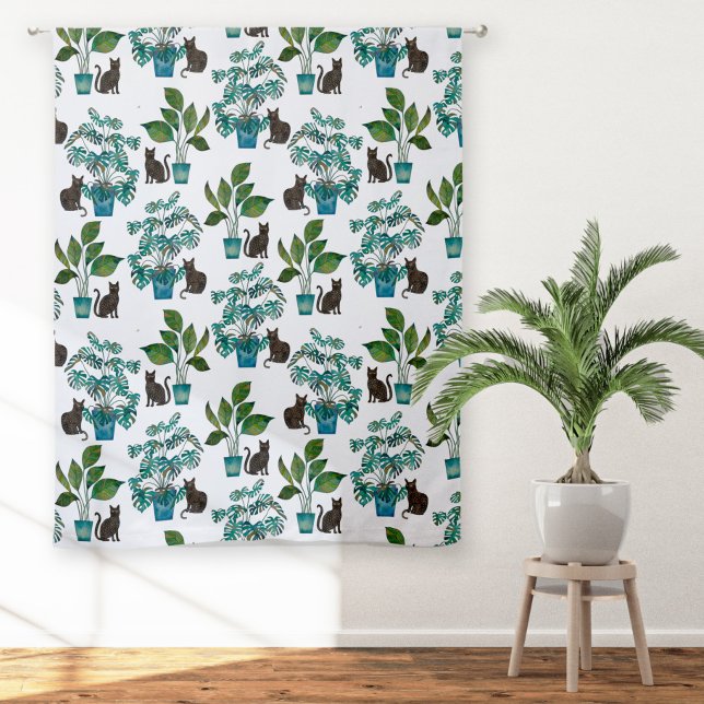 Watercolor Black Cat Monstera Houseplant Sheer Curtains (Black cat with houseplants watercolor pattern sheer or blackout curtains)