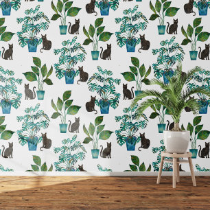 Watercolor Black Cat Monstera Houseplant Wallpaper