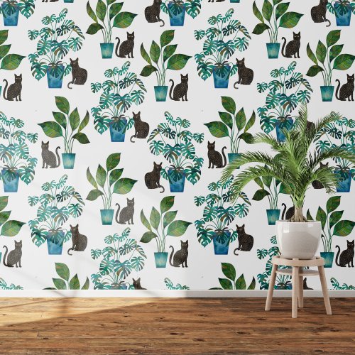 Watercolor Black Cat Monstera Houseplant Wallpaper