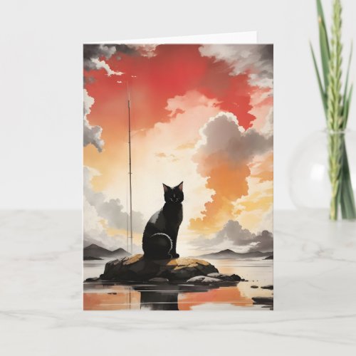 Watercolor Black Cat on a Rock Portrait Blank Card