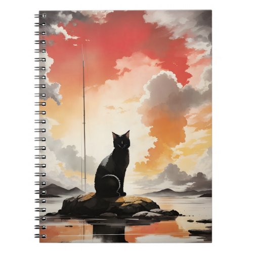 Watercolor Black Cat on a Rock Portrait  Notebook
