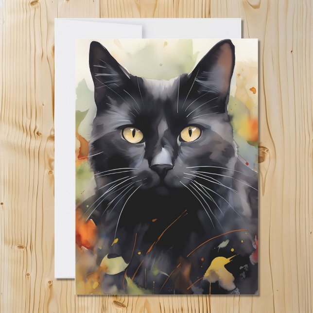 Watercolor Black Cat Portrait In Fall Holiday Card (Creator Uploaded)