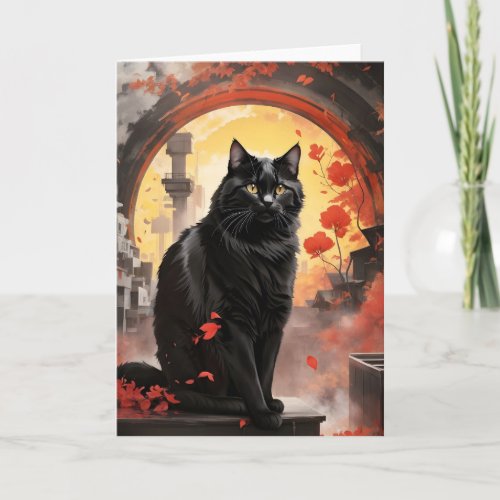 Watercolor Black Cat Red Flowers Portrait Blank Card