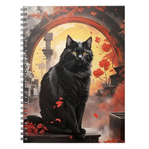 Watercolor Black Cat Red Flowers Portrait  Notebook
