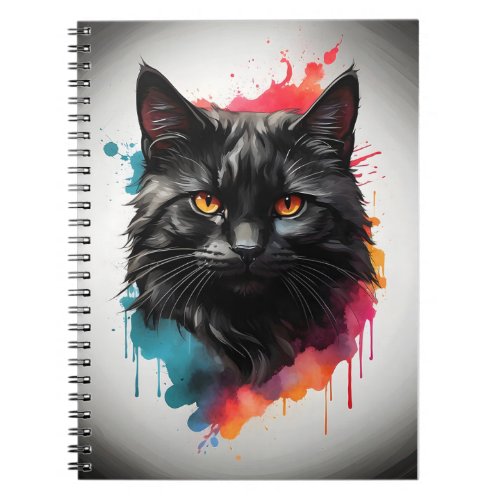 Watercolor Black Cat Splatter Abstract Dark Circle Notebook