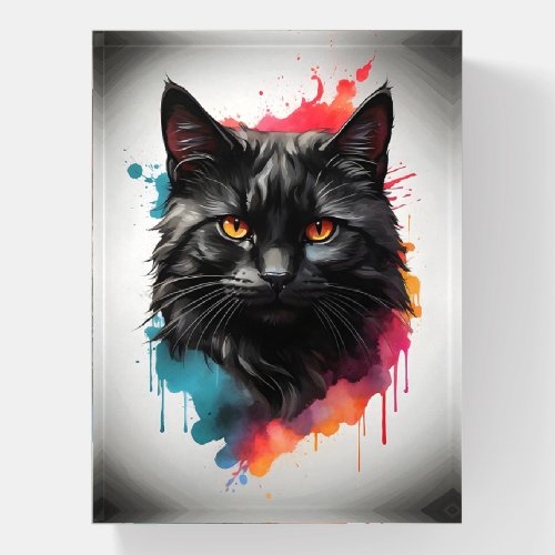 Watercolor Black Cat Splatter Abstract Dark Circle Paperweight