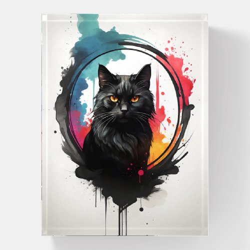Watercolor Black Cat Splatter Abstract Portrait  Paperweight