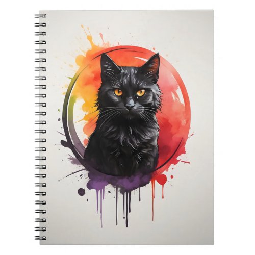 Watercolor Black Cat Splatter Art Abstract Circle Notebook