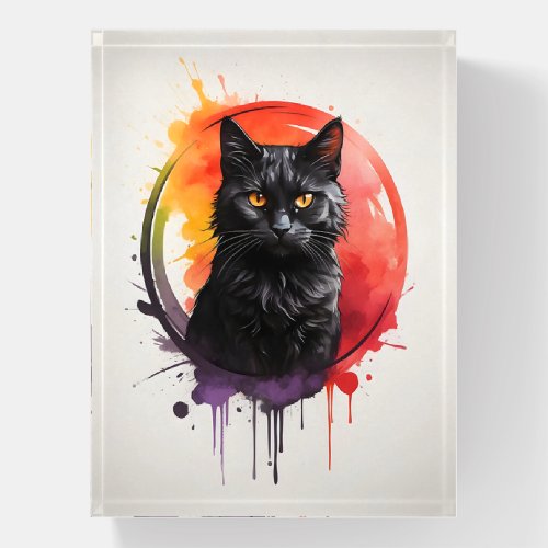 Watercolor Black Cat Splatter Art Abstract Circle Paperweight