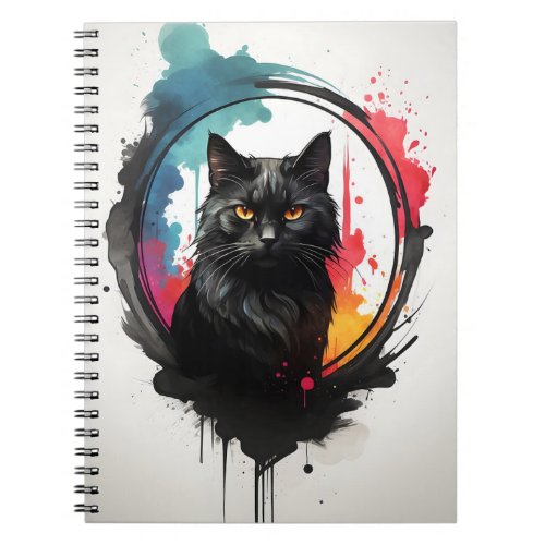 Watercolor Black Cat Splatter Art Abstract Pose Notebook