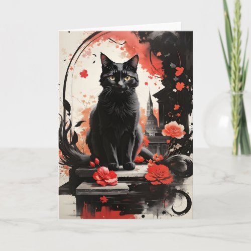 Watercolor Black Cat Splatter Art Flowers Blank  Card