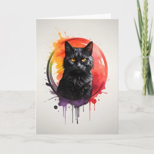 Watercolor Black Cat Splatter Art Portrait Blank Card