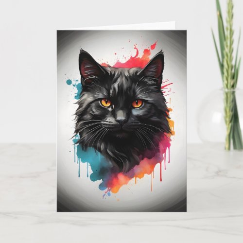 Watercolor Black Cat Splatter Art Portrait Blank  Card