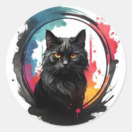 Watercolor Black Cat Splatter Art Portrait  Classi Classic Round Sticker
