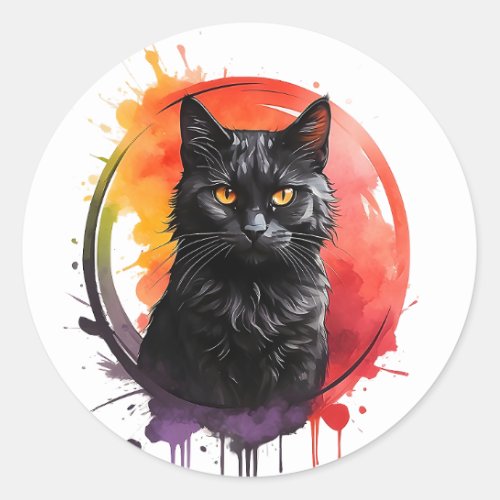 Watercolor Black Cat Splatter Art Portrait  Classic Round Sticker