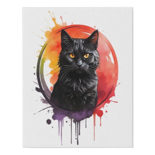 Watercolor Black Cat Splatter Art Portrait  Faux Canvas Print