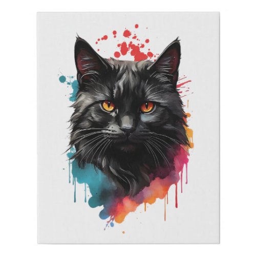Watercolor Black Cat Splatter Art Portrait  Faux Canvas Print