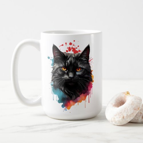 Watercolor Black Cat Splatter Art Portrait Large Coffee Mug
