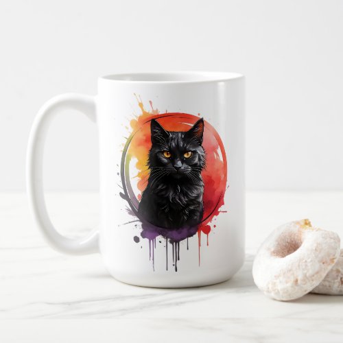 Watercolor Black Cat Splatter Art Portrait Large  Coffee Mug