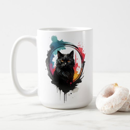 Watercolor Black Cat Splatter Art Portrait  Large Coffee Mug