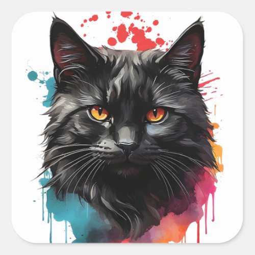 Watercolor Black Cat Splatter Art Portrait  Square Sticker