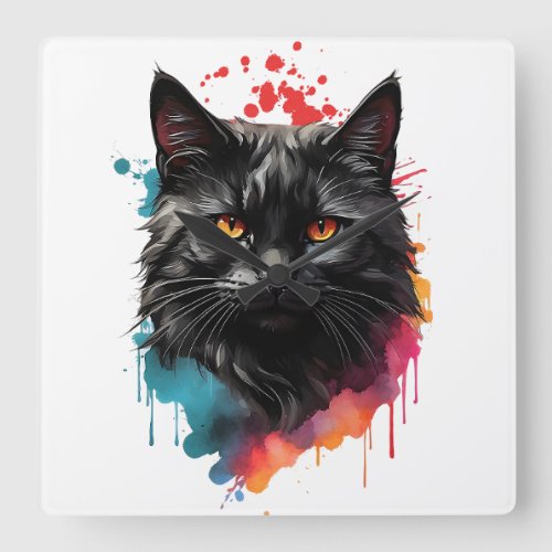 Watercolor Black Cat Splatter Art Portrait  Square Wall Clock