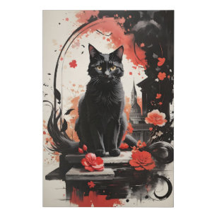 Watercolor Black Cat Splatter Art Red Flowers  Faux Canvas Print