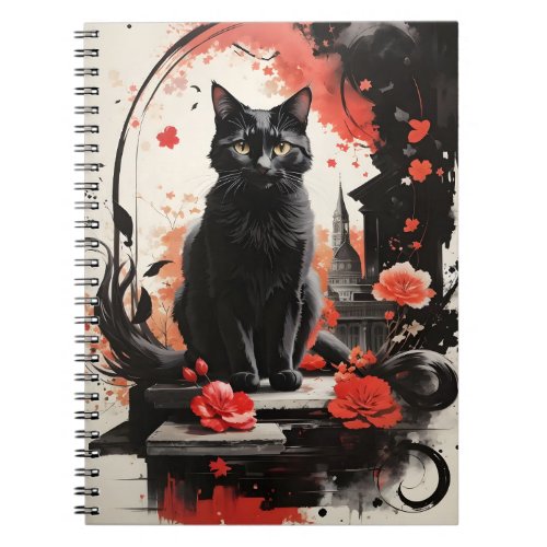 Watercolor Black Cat Splatter Art Red Flowers  Notebook
