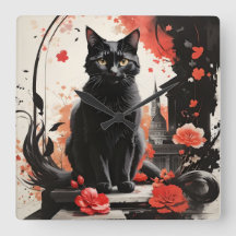Watercolor Black Cat Splatter Art Red Flowers