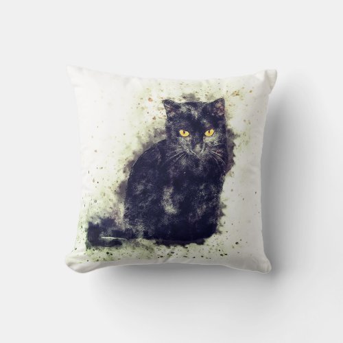 Watercolor Black Cat Throw Pillow