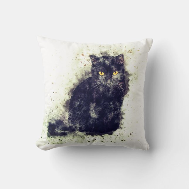 Watercolor Black Cat Throw Pillow (Front)