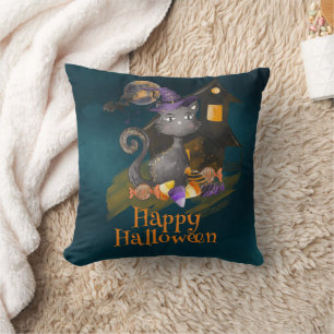 Watercolor Black Cat with candies, Halloween Throw Pillow