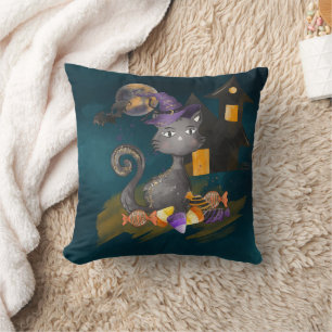 Watercolor Black Cat with candies, Halloween Throw Pillow